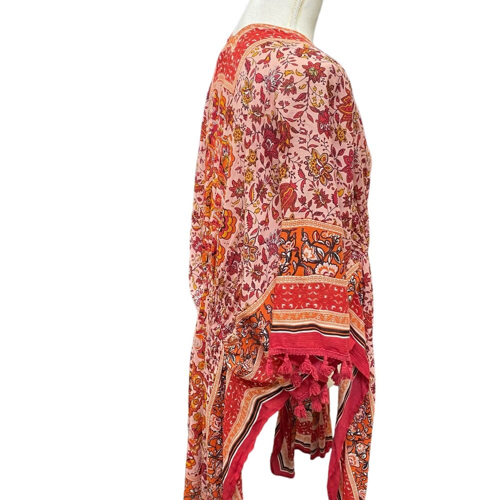 VINCE CAMUTO Pink Red Floral BoHo Tassel Open Front Kimono Beach Coverup - Picture 3 of 7
